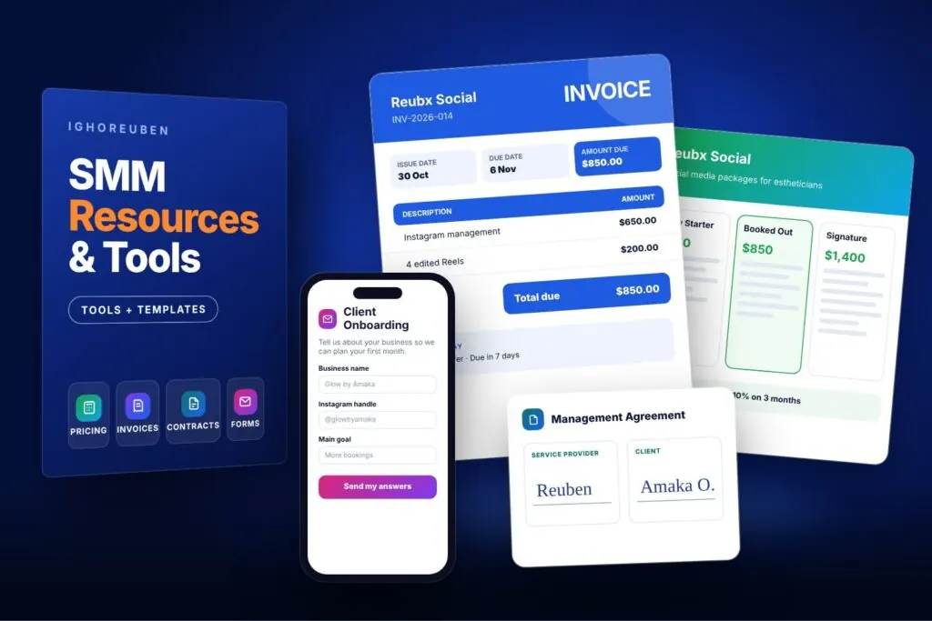 The Booked & Paid SMM Kit: pricing calculator, invoice, contract and client form tools for social media managers